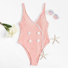 Shein Contrast Trim Button Swimsuit