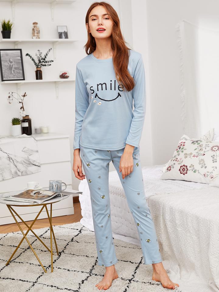 Shein Letter & Bee Print Tee & Pants Pj Set