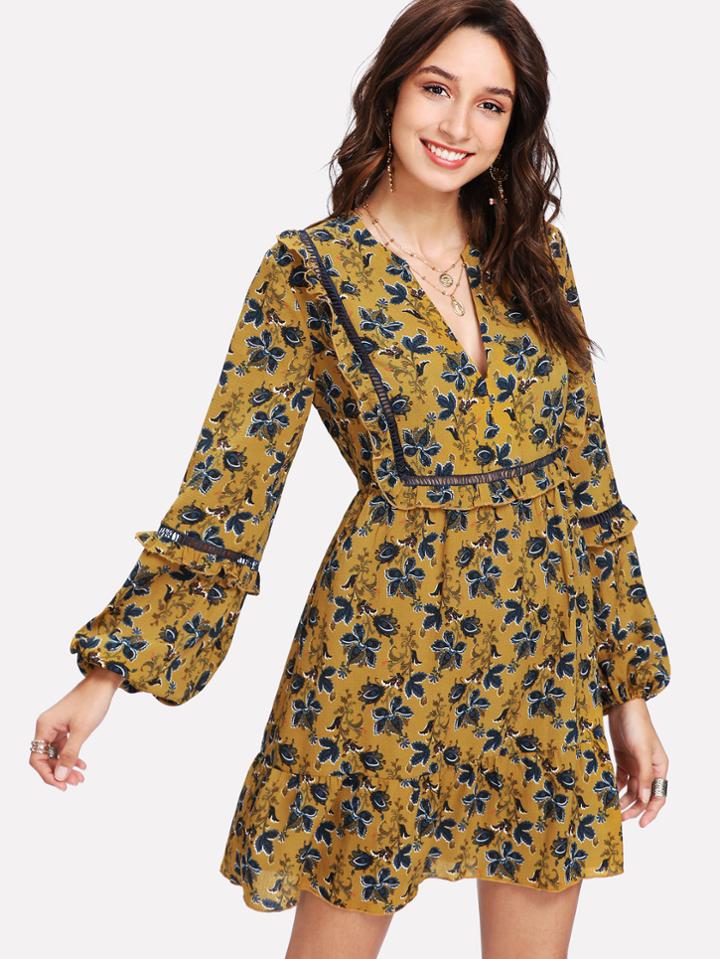 Shein V Notch Ladder Lace Insert Frilled Floral Dress