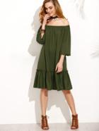 Shein Army Green Ruffle Trim Off The Shoulder Dress