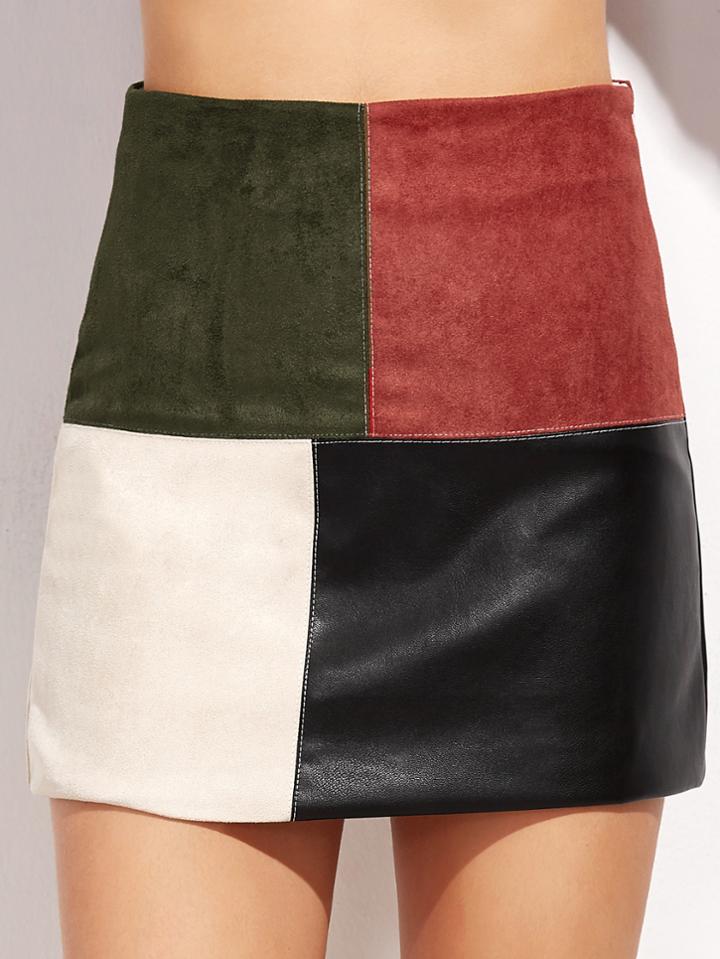 Shein Contrast Patchwork Zipper Detail Skirt