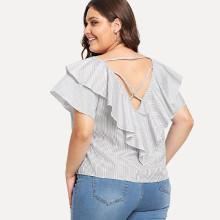 Shein Plus Criss Cross Back Striped Ruffle Blouse