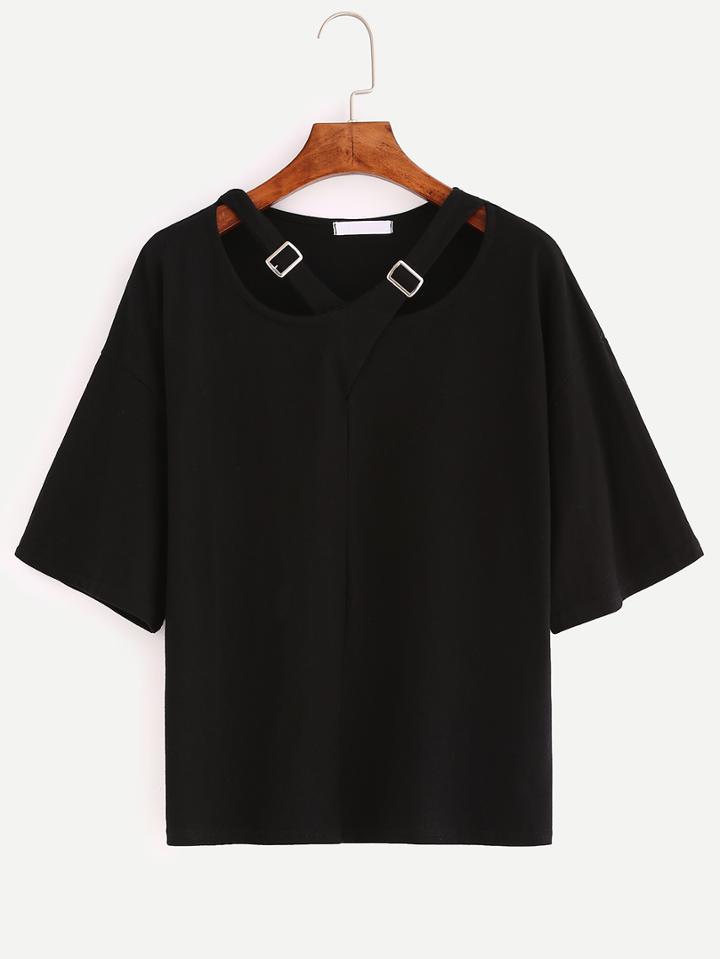 Shein Buckled Cross Wrap Neck T-shirt - Black