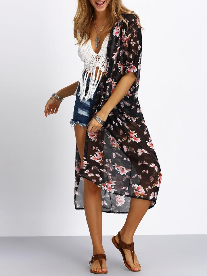 Shein Semi Sheer Flower Print Long Chiffon Blouse