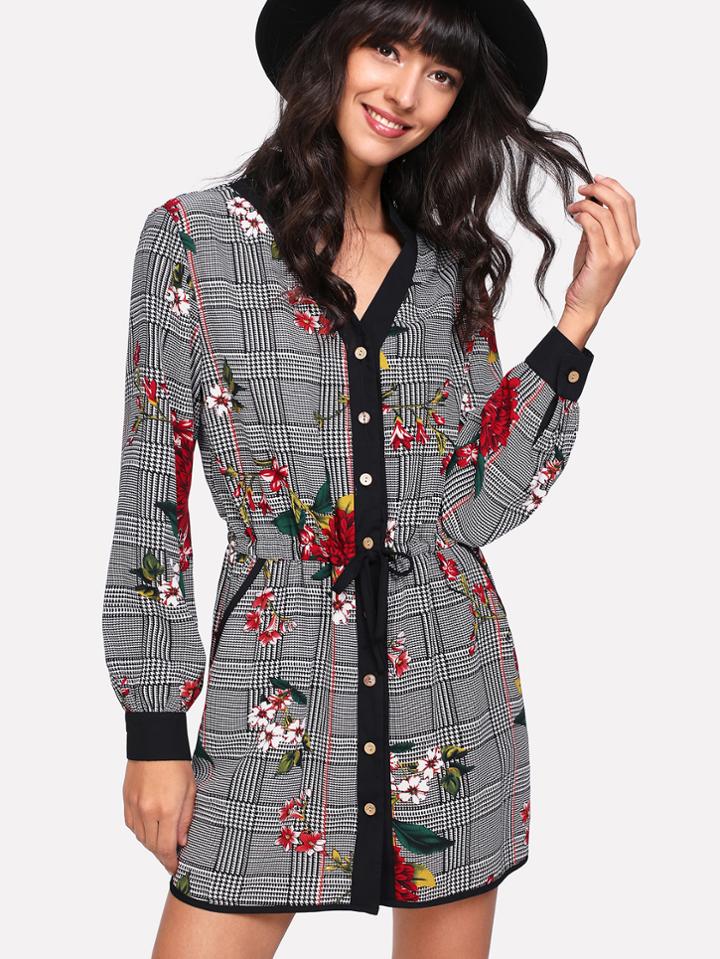 Shein Contrast Trim Drawstring Waist Mixed Print Shirt Dress