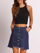 Shein Blue Frayed Denim A-line Skirt With Single Breasted