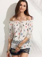Shein Off The Shoulder Crochet Dragonfly Print Blouse
