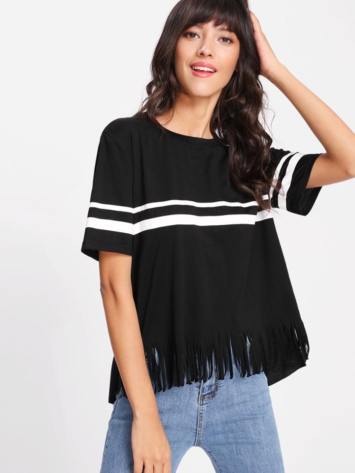 Shein Raw Cut Fringe Striped T-shirt