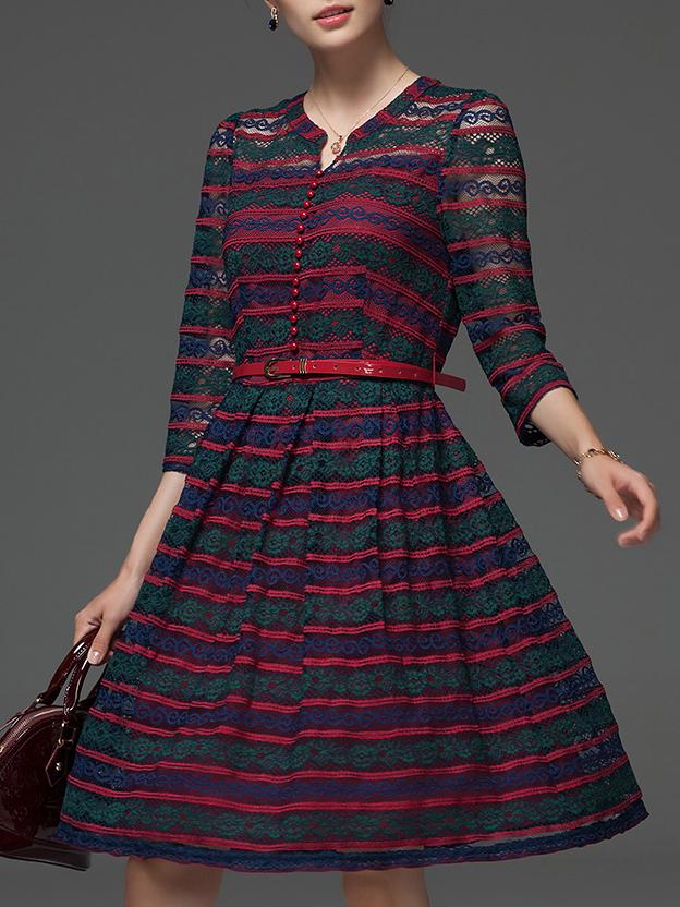Shein Purple V Neck Belted Lace Dress