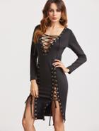 Shein Black Deep V Neck Lace Up Slit Side Sheath Dress