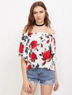 Shein Bardot Floral Print Slit Back Dip Hem Top