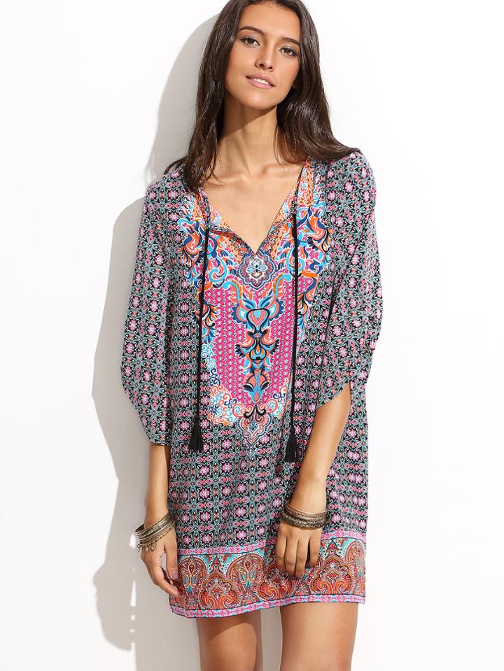 Shein Multicolor Half Sleeve V Neck Printed Dress