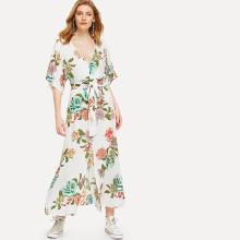 Shein Flower Print Deep V Neck Dress