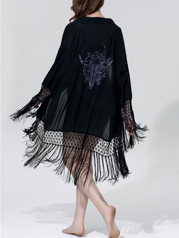 Shein Black Macrame Fringe Trimmed Printed Blouse