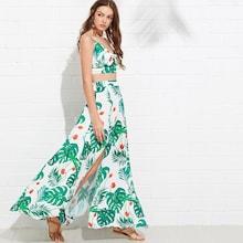 Shein Palm Leaf Print Knot Cami & Slit Skirt Set