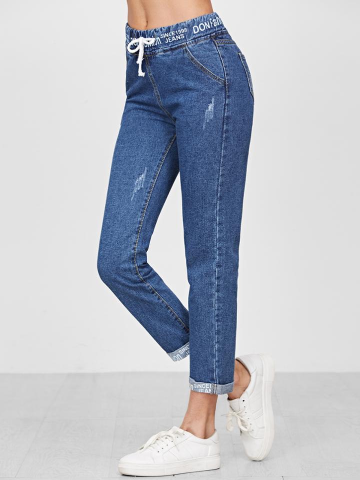 Shein Blue Drawstring Waist Tape Detail Cuffed Jeans