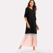 Shein Colorblock Hem Flounce Knot Sleeve Dress