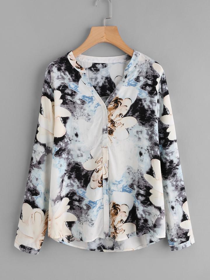 Shein V Placket Tie Dye Floral Blouse