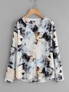 Shein V Placket Tie Dye Floral Blouse