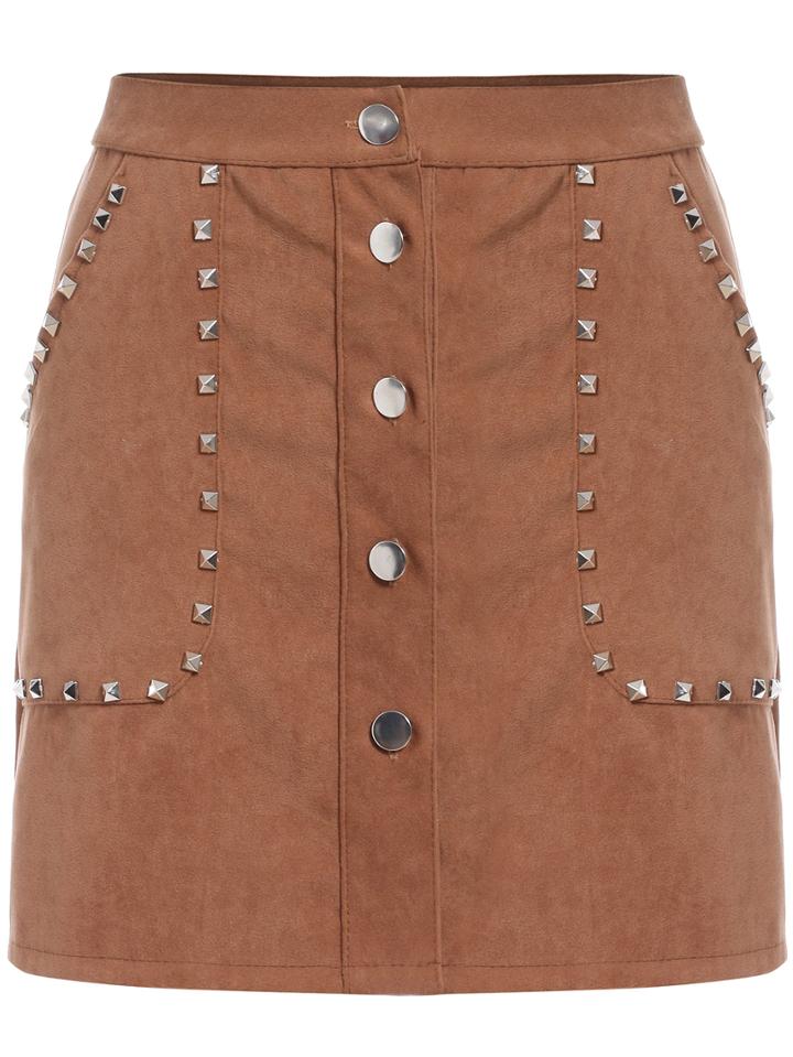 Shein Khaki Rivet Studs Buttons Skirt