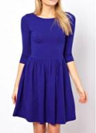 Rosewe Fine Quality Round Neck Solid Blue Mini Dress