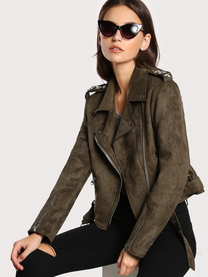 Shein Star Pattern Back Belted Hem Suede Biker Jacket