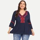 Shein Plus Bell Sleeve Embroidered Smock Top