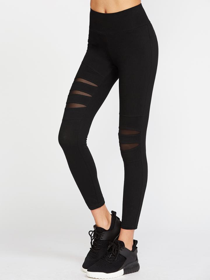 Shein Black Wide Waistband Cutout Mesh Insert Leggings