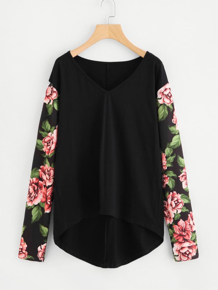 Shein Contrast Floral Sleeve Dip Hem Top