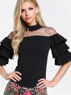 Shein Mesh Cut Out Layered Sleeve Top Black