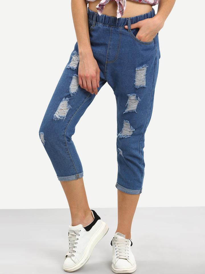 Shein Ripped Elastic Waist 3/4 Length Jeans