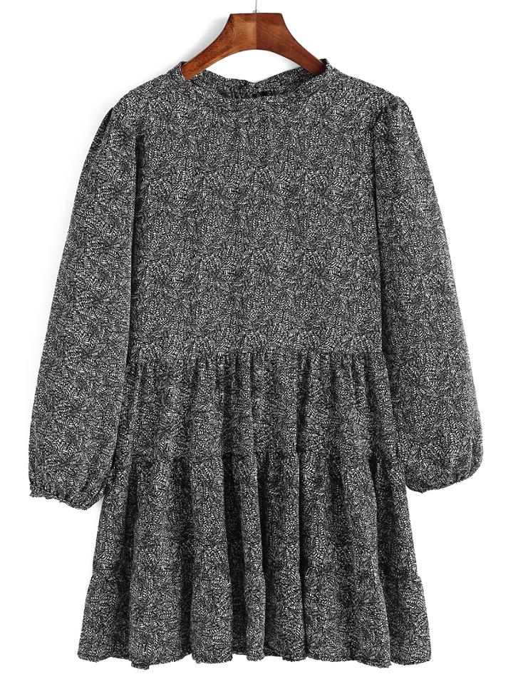 Shein Black Tie-neck Leaves Print Pleated Dress