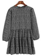 Shein Black Tie-neck Leaves Print Pleated Dress
