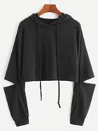 Shein Black Hooded Ripped Crop Sweatshirt