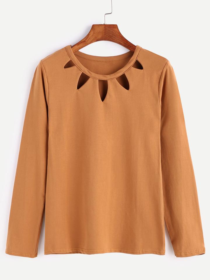 Shein Khaki Cut Out Front Long Sleeve T-shirt