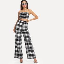 Shein Buckle And Zipper Front Bandeau & Flare Hem Pants Set