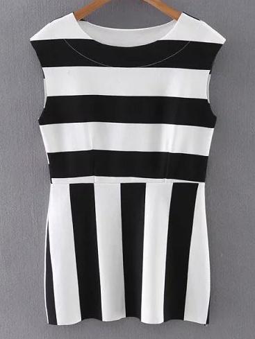 Shein Black White Round Neck Sleeveless Striped Blouse