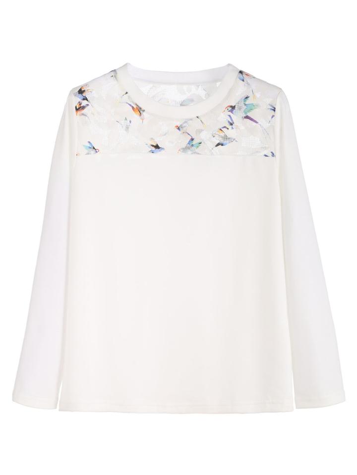 Shein White Brids Print Lace Insert T-shirt