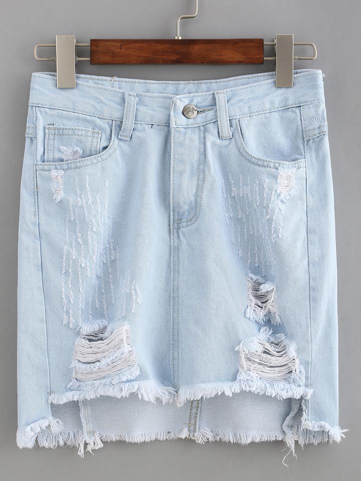Shein Ripped High-low Denim Skirt - Light Blue