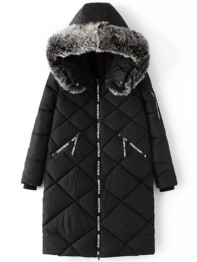 Shein Black Diamond Padded Coat With Faux Fur Hooded