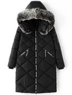 Shein Black Diamond Padded Coat With Faux Fur Hooded