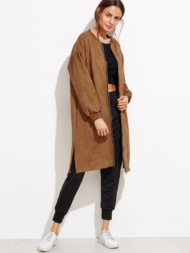 Shein Slit Side Zip Front Suede Coat