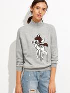 Shein Grey Deer Embroidered Mock Neck Drop Shoulder Sweatshirt
