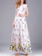 Shein White Gauze Embroidered Belted Maxi Dress