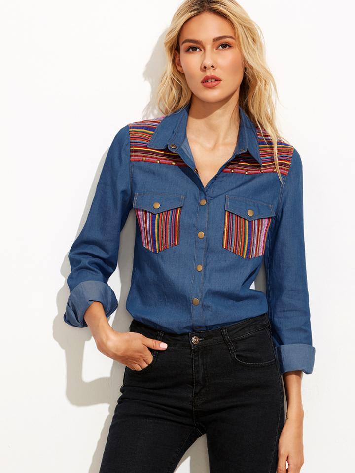 Shein Blue Striped Yoke And Pocket Chambray Blouse