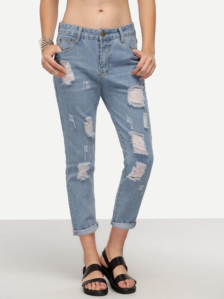 Shein Light Blue Ripped Denim Cuffed Pants