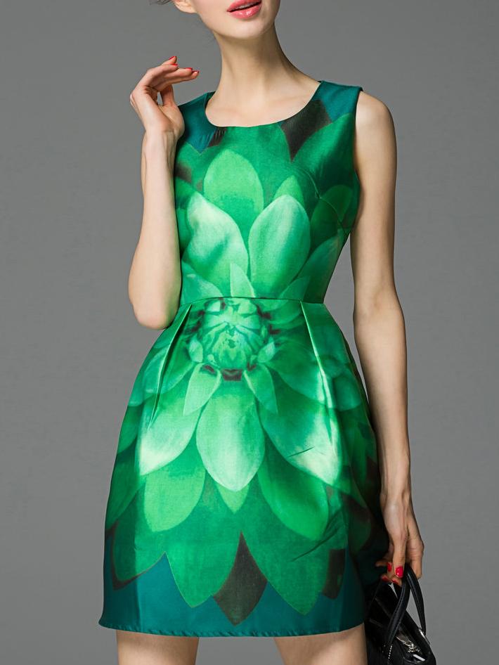 Shein Green Crew Neck Petals A-line Dress