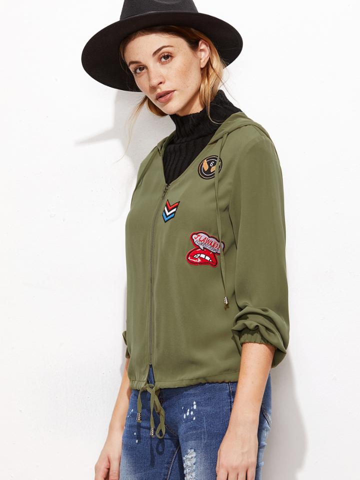 Shein Patch Detail Drawstring Hem Hooded Jacket