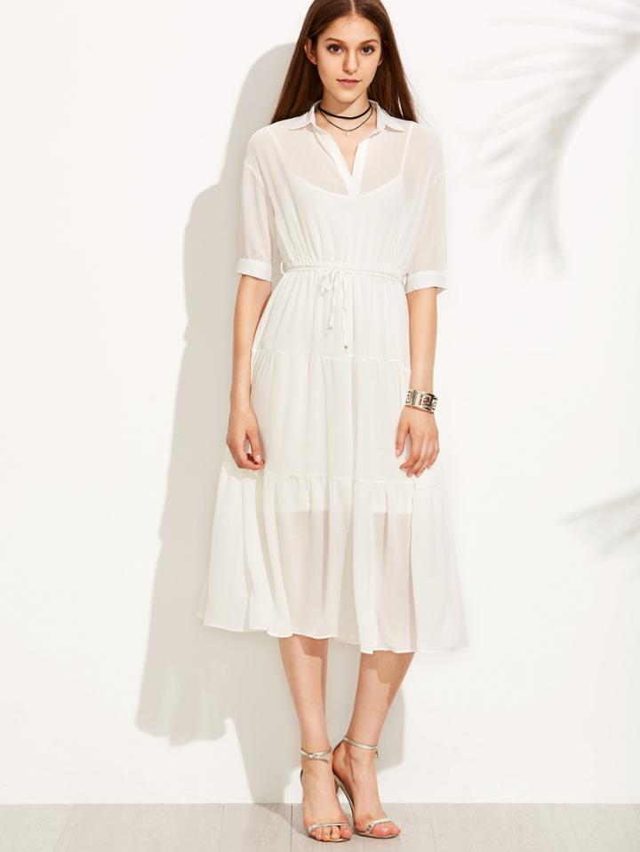 Shein White V Placket Belted Tied Shirt Dress