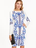 Shein Blue And White Vintage Print Long Sleeve Sheath Dress